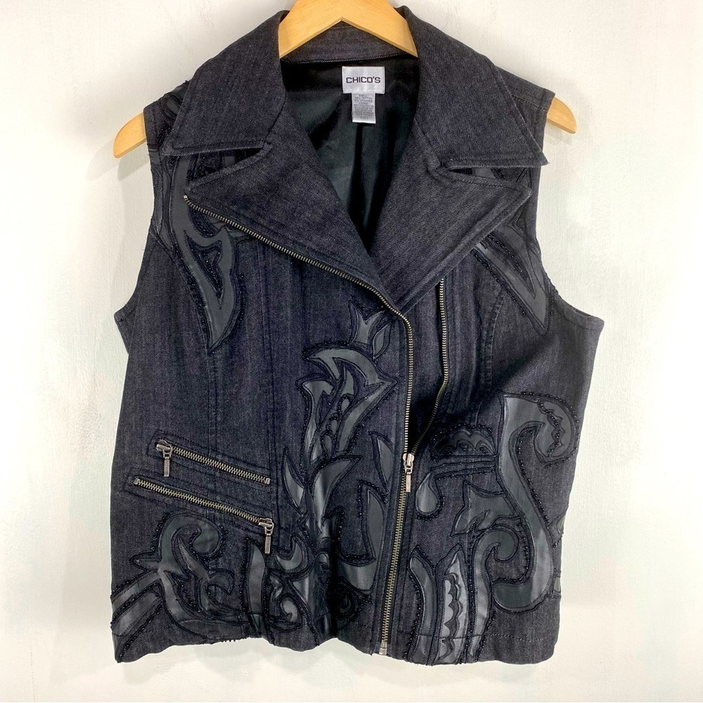 Chico's Faux Leather Beaded Biker Goth Grunge Moto Zip Up Vest‎ Black 1 Medium